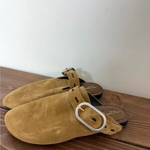 Tan Suede Slip-On Mules with Buckles